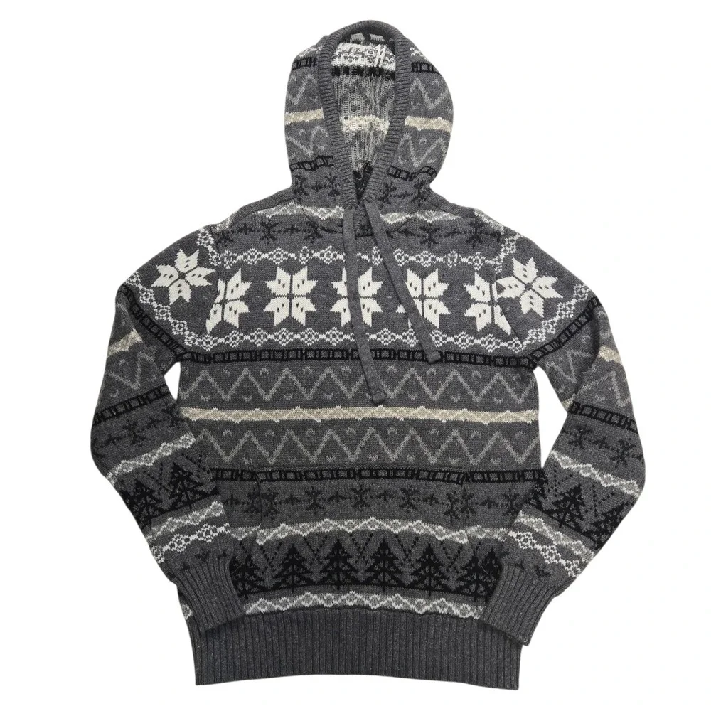 American Eagle Softest Sweater Hoodie Mens XS Gray Nordic Snowflake Fair Isle VG